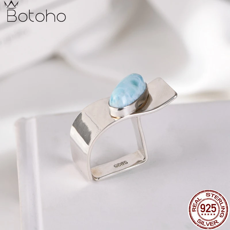 

Unusual Natural Bule Larimar S925 Pure Silver Women's Ring High Quality Irregular Design Gemstone Rings 2022 Summer New Trend