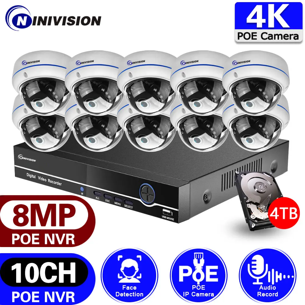 

10CH 4K POE NVR Security Camera System 8CH AI Face/Audio Record 8MP Camera IR Dome Outdoor Explosion-Proof CCTV Surveillance Set