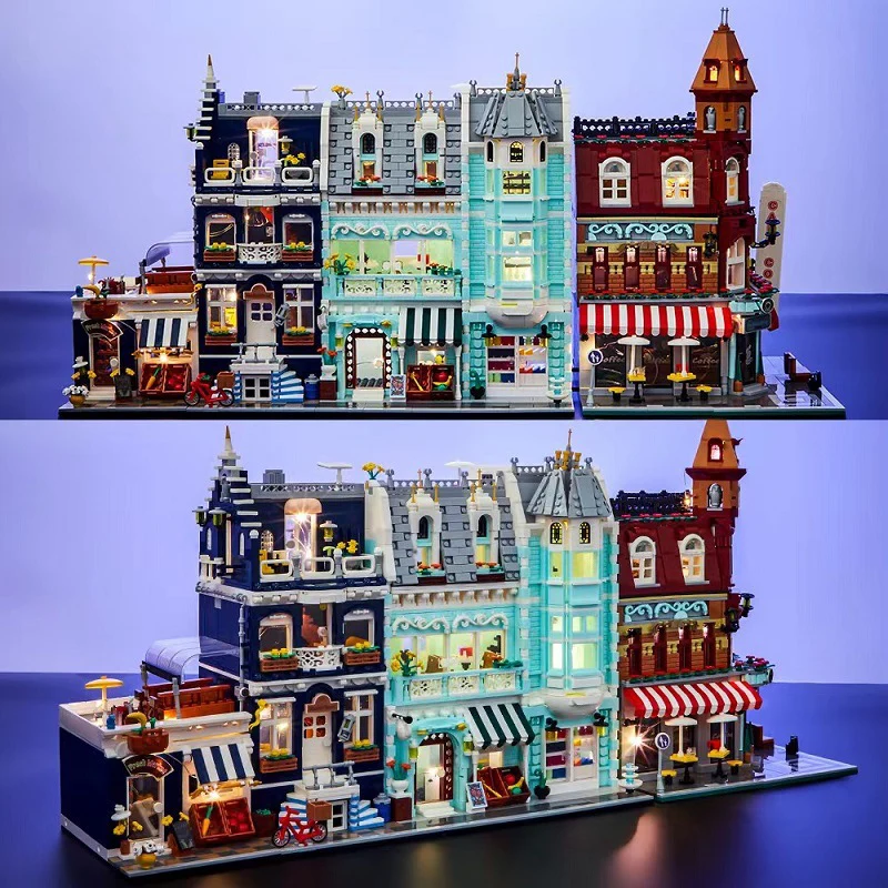 City Town Street View Corner Coffee Shop Grocery Store Building Blocks Mini Bricks Bank Architecture With Lights Toys Child Gift