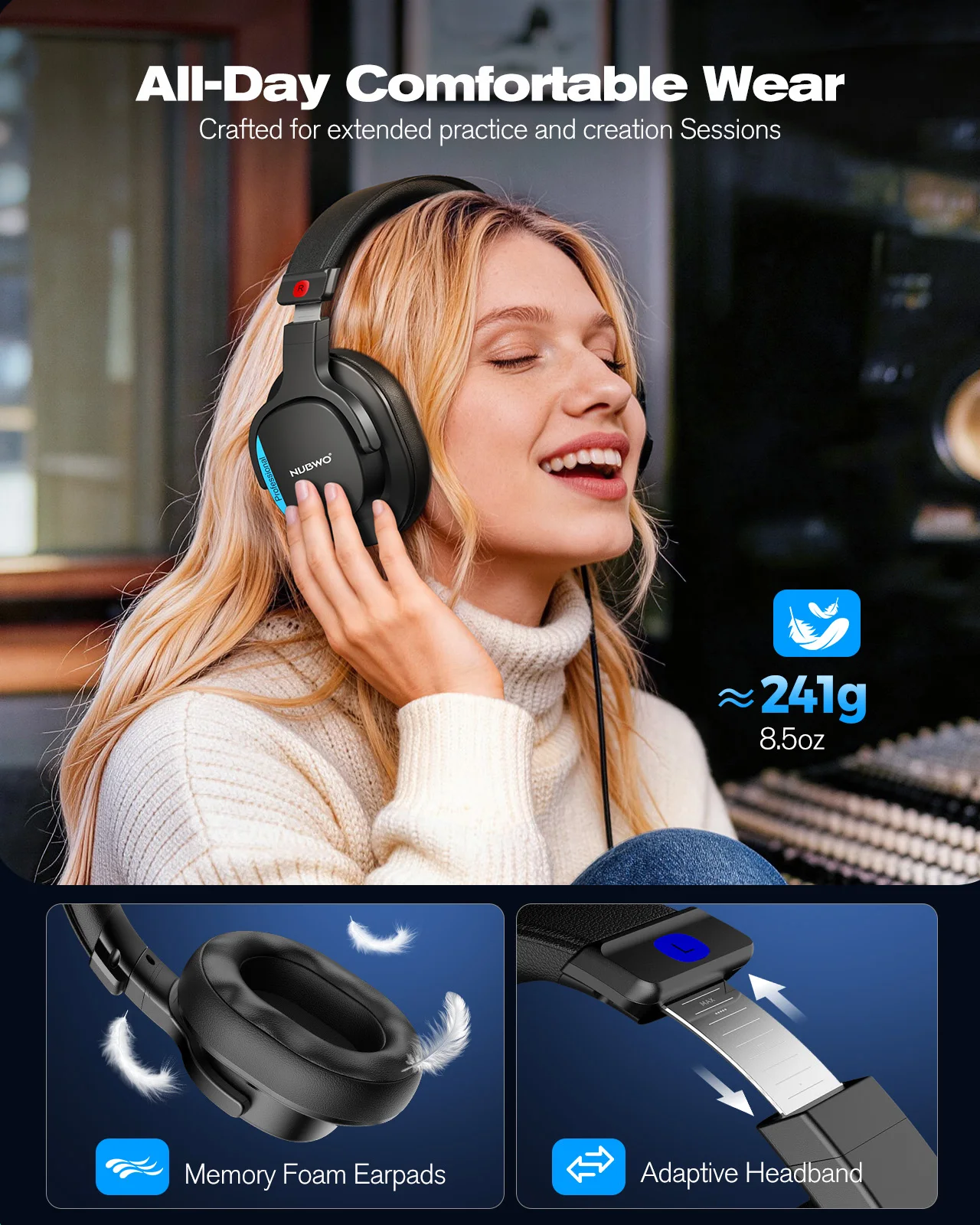 Cuffie professionali NUBWO HD01 per monitoraggio da studio, auricolari chiusi over-ear per mixaggio audio, registrazione e ascolto critico - immagine 6