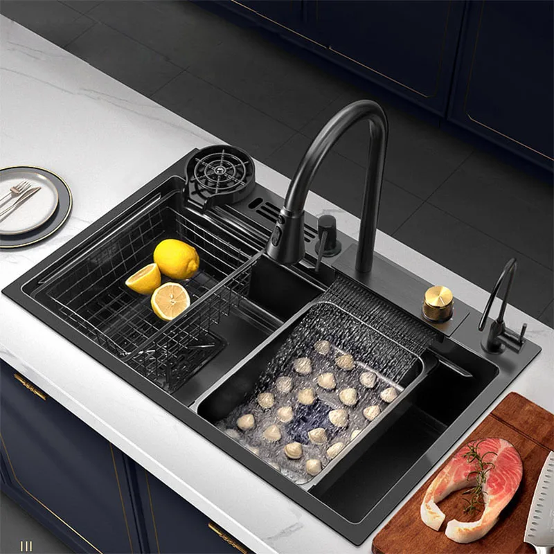 Black Nano Kitchen Sink With Knife Holder Waterfall Faucet Large Single Bowl Accessories Pure Tap Cup Washer Soap Dispenser