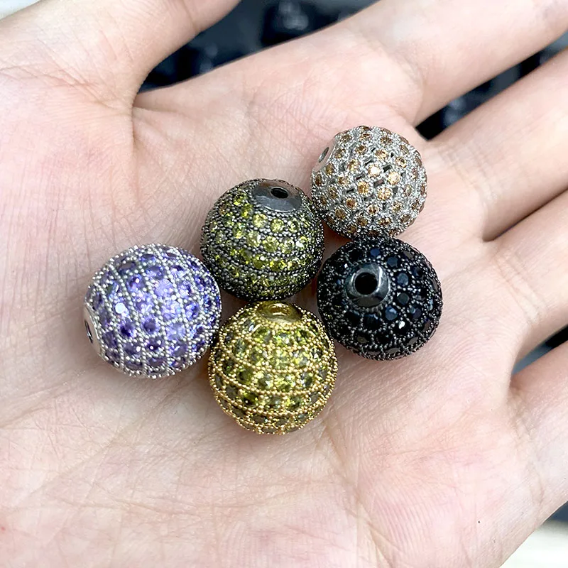 

High Qualtiy Mix Color Micro Paved Real CZ Zircon 14mm Round Metal Beads Fashion Jewelry Findings 5pc/lot