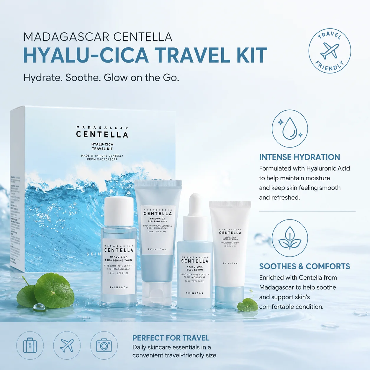Madagascar Centella Hyalu-Cica Travel Kit (Blue Serum 30ml + Toner 30ml + Moisture Cream 30ml + Sleeping Pack 30ml)