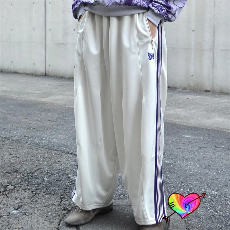 

Oversized White Needles Wide Leg Pants 2023 Men Women Needles Track Pants Blue Knit Stripe Butterfly Sweatpants AWGE Trousers