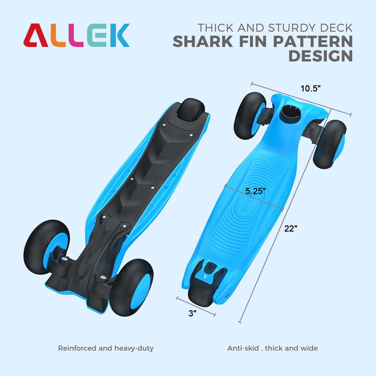 Allek Kick Scooter Aqua Blue 3-Wheeled Push Children Scooter with PU Light-Up Wheels Ajustable Height for Children Kids 3-12yrs