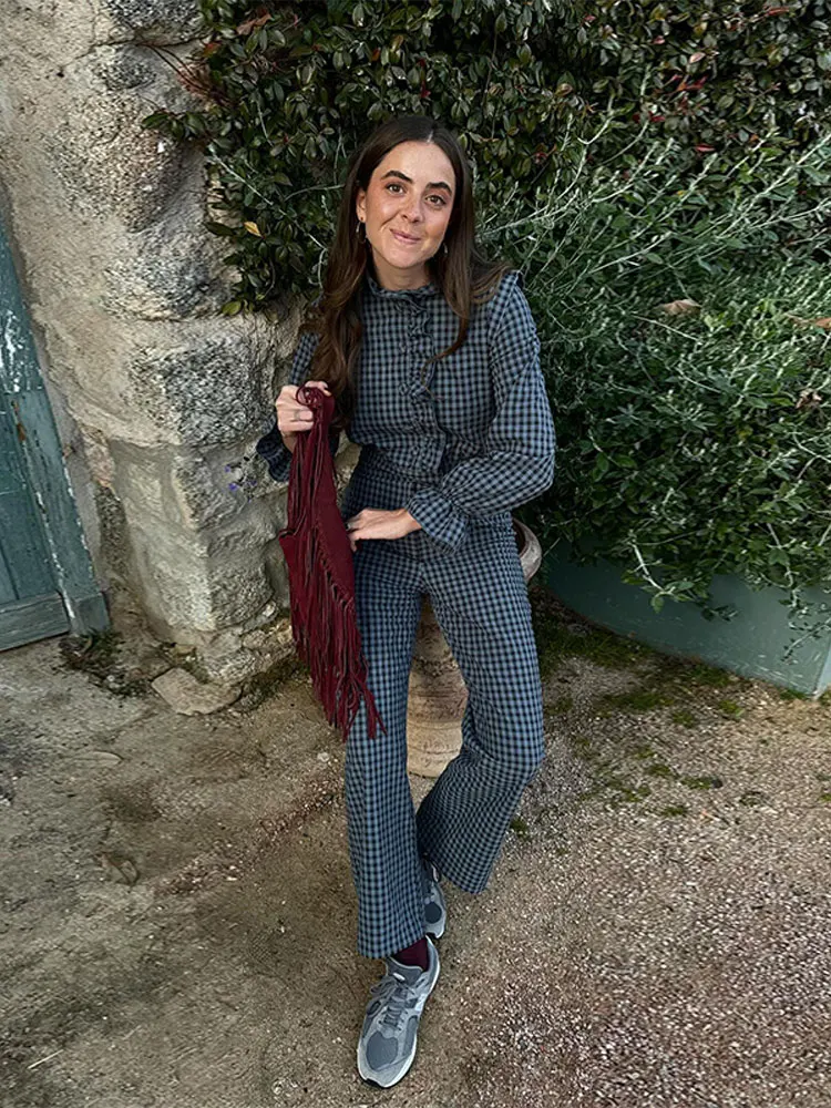 

Fashion Ruff Plaid Jumpsuit For Women Causal Round Neck Long Sleeves Buttons Jumpsuits 2024 Spring Female Chic Streetwear