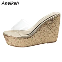 Aneikeh Summer 2026 New Fashion Sequins Transparent Rubber Wedge Heel Thick Sole Sandals for Women 10CM Open Toe Ladies Shoes - Image 6