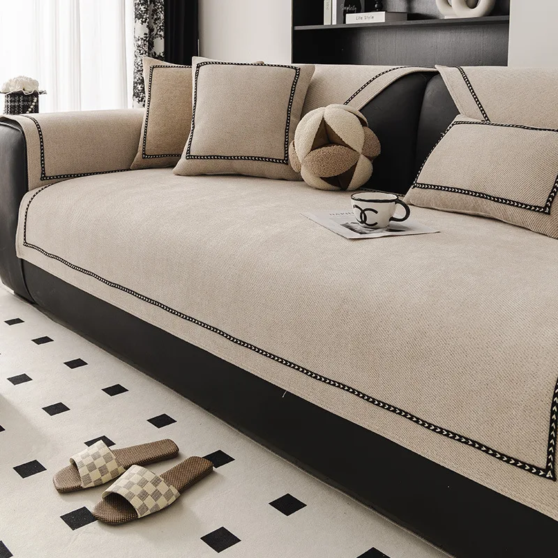 Solid Color Chenille Sofa Cushion Four All Seasons Universal Anti Slip Cushion Modern High-end Sofa Cover Backrest Towel Fabric 4