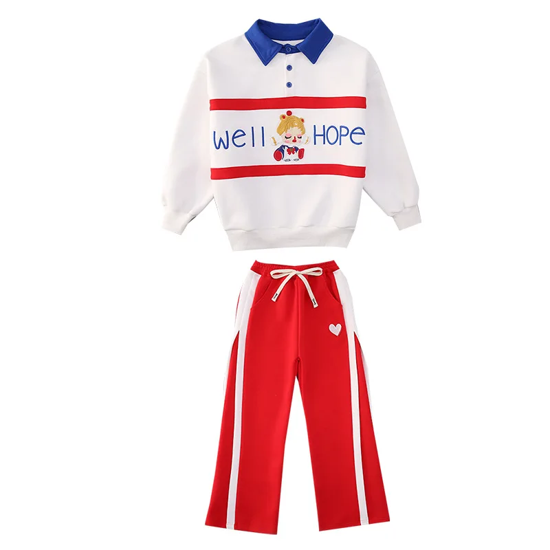 

Осенний комплект одежды для девочек с отложным воротником, детский вафельный хлопковый свитер с надписью «Well hop», костюм из топа и брюк, мультяшный наряд