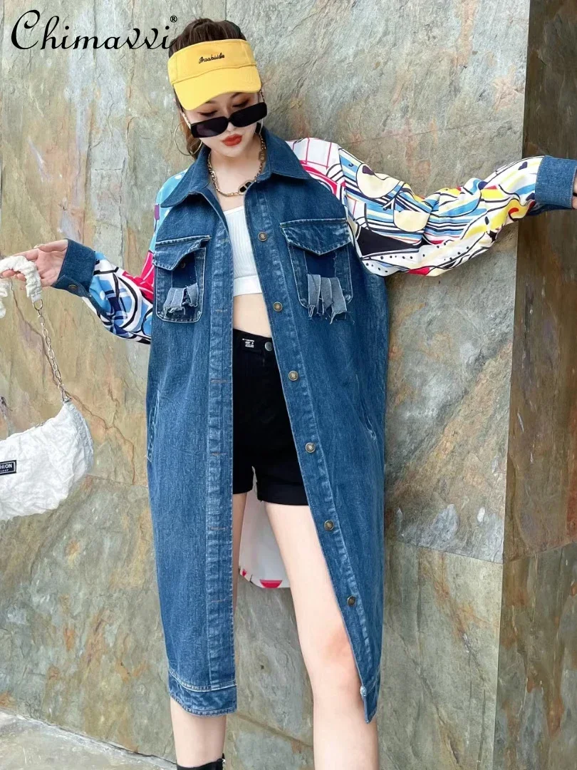 Women's Graffiti Stitching Casual Loose Denim Jacket 2022 New Autumn Fashion Cartoon Pattern Printing Trench Coat for Female real time photo of denim straps and pants for women s loose fitting 2023 autumn new love graffiti sweet straight body mop pants