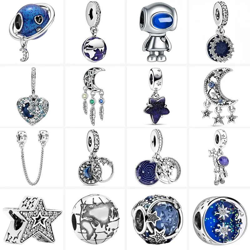 

New Blue Earth Star Moon Tree Astronaut Milky Way Pendant Beads Fit Original Pandora Silver Color Bracelet Women Fashion Jewelry