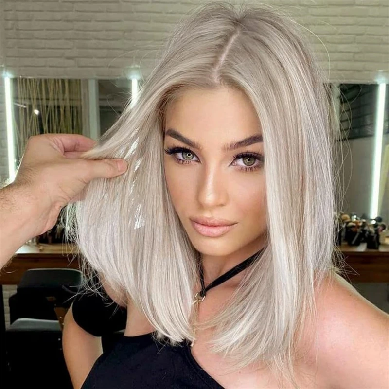 Synthetic Human Hair Wig Short Wig Ash Blonde Colorful Silky Straight Wig Lace Frontal Wigs for Women 13x4 Natural Synthetic Futura Fiber Hair Glueless