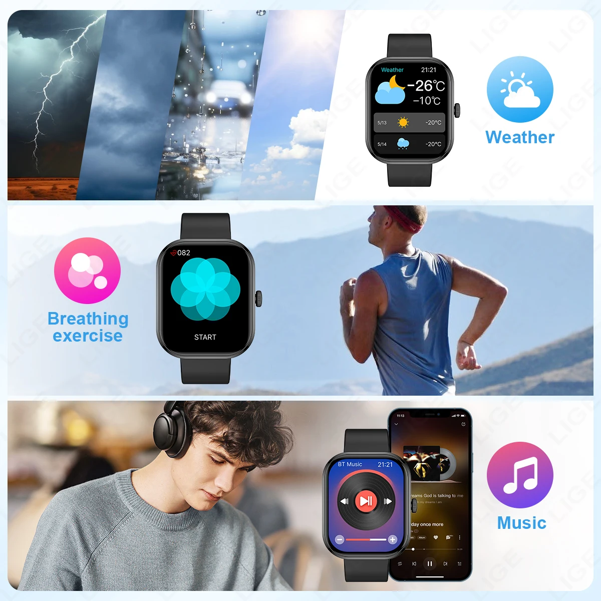 LIGE Multifunctional Smartwatch For All Smartphone Connections Men Bluetooth Call Life Waterproof Watch Sport Smart Watch Women