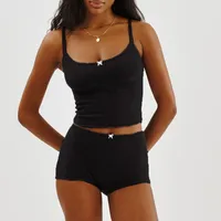 Hirigin-Ensemble de pyjama en coton pour femme, manches longues, bretelles spaghetti, haut court en tricot, short avec batterie, vêtements de nuit monochromes, 2 pièces 5