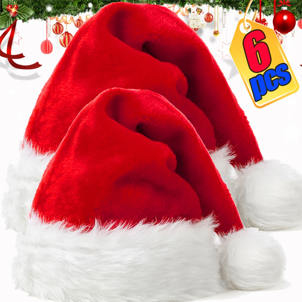 1/6pcs Red Christmas Hat Thickened Plus Velvet Soft Comfort Adult Kids Santa Claus Hats New Year Party Gift Caps Home Decoration