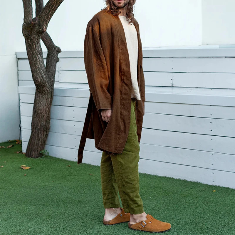 

Vintage Long Cape Cardigan Coat Mens Fashion Loose Long Sleeve Belt Lace-up Trench Cardigans Casual Pure Color Outerwear For Men