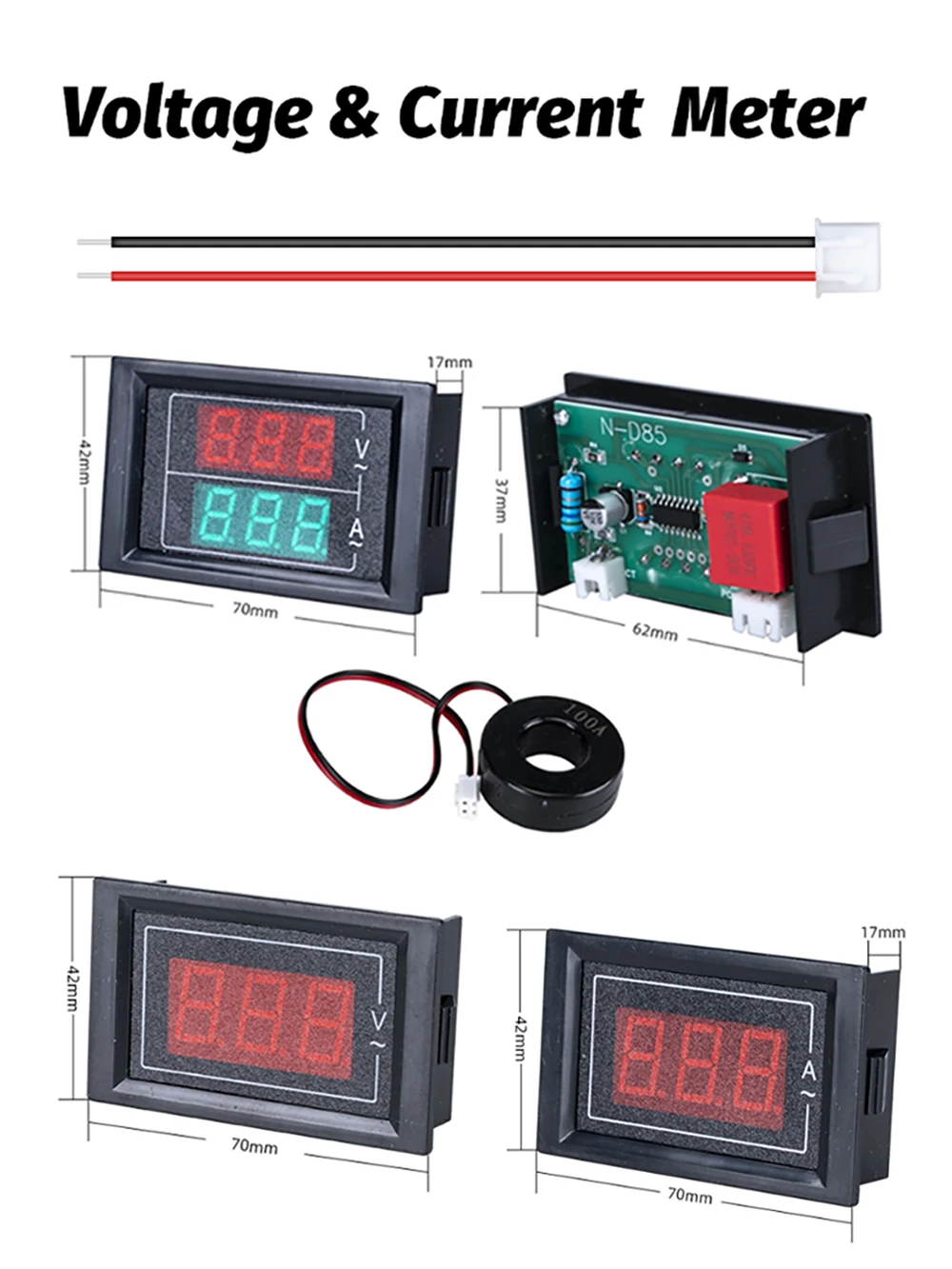 Description Picture 3 of item0.56'' Digital LED Dual Display Voltmeter Ammeter Tester Detector AC 0-100V AC60-500V Voltage Current Meters Calibrate Reading