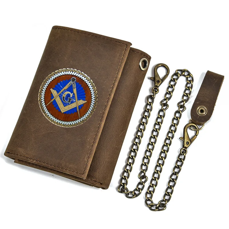 Luxury Men Genuine Leather Wallet With Iron Chain Anti Theft Vintage Masonic Logo Theme Printing Card Holder Short Purse BT3488