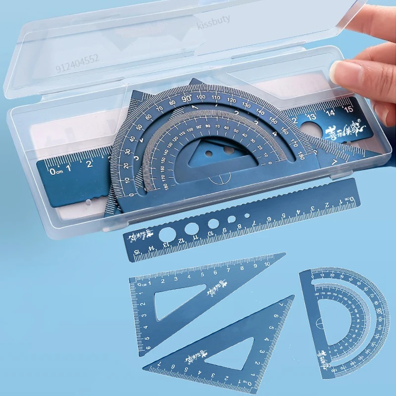 4 In 1 알루미늄 합금 눈금자 편지지 세트 알루미늄 합금 다기능 조합 눈금자 그리기 용 삼각형 각도기