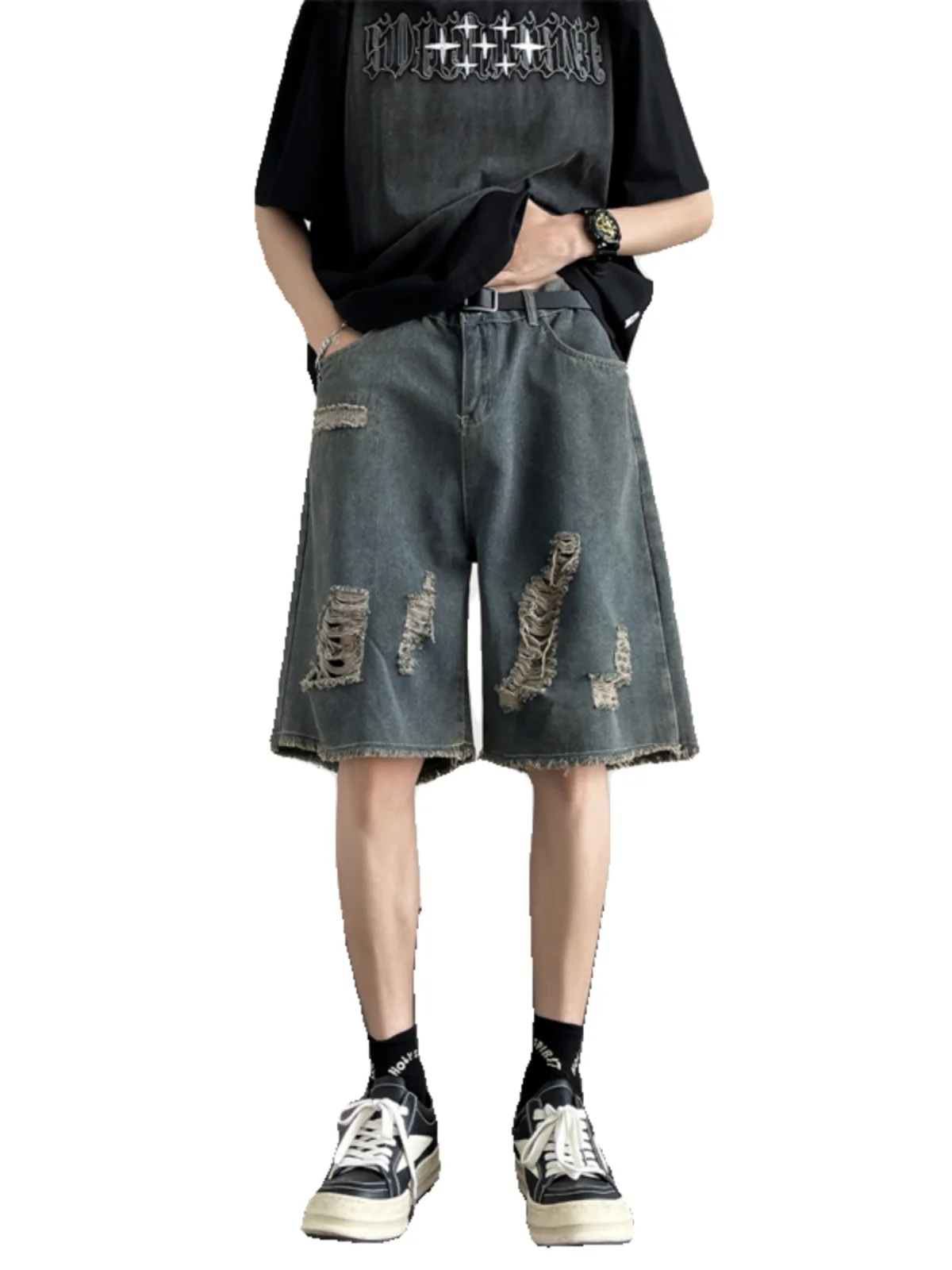 Korean Luxury Clothing Men's Summer Denim Knee Length Shorts Fashion Designer Ripped Hole Cowboy Korean Short Pants A45