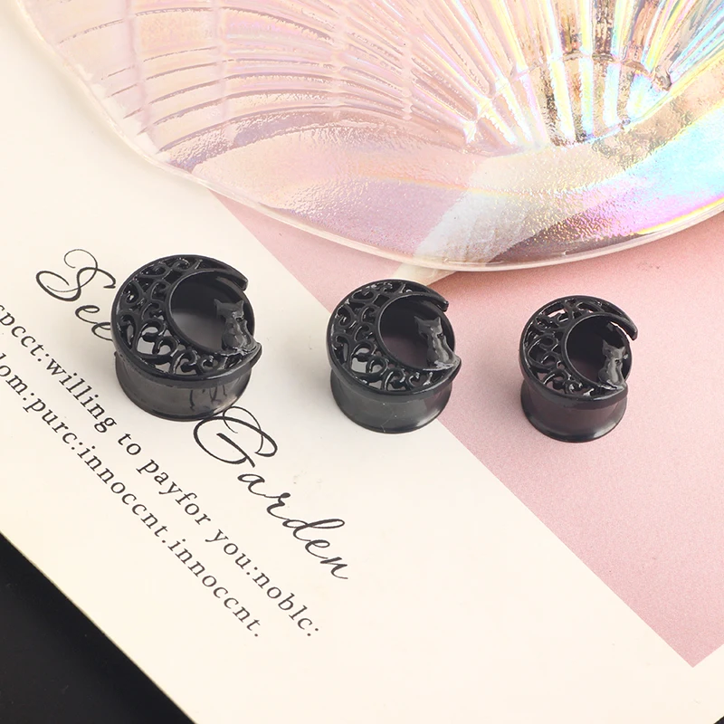 wholesales 6-16mm black cat on moon stainlesss steel ear tunnels and plugs double flare earrings gauges stretcher kit body pierc
