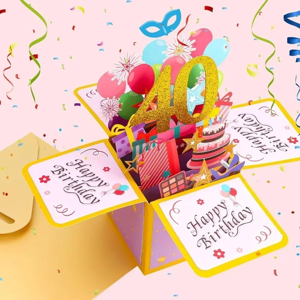 Greeting Cards 18/30/40/50/60th Happy Birthday Card Funny Envelope 3D Pop Up Birthday Greeting Card Colorful Flower Greeting Card