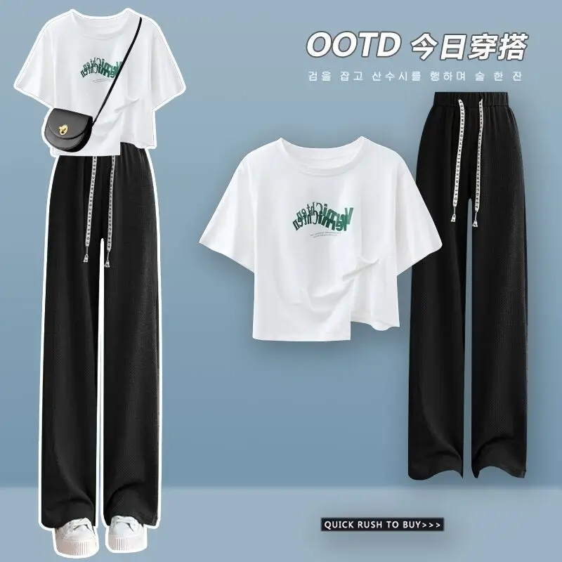 Fashion Women's Set 2023 Spring/Summer New Korean Edition Academy Style Cotton T-shirt+Casual Wide Leg Pants Two Piece Set