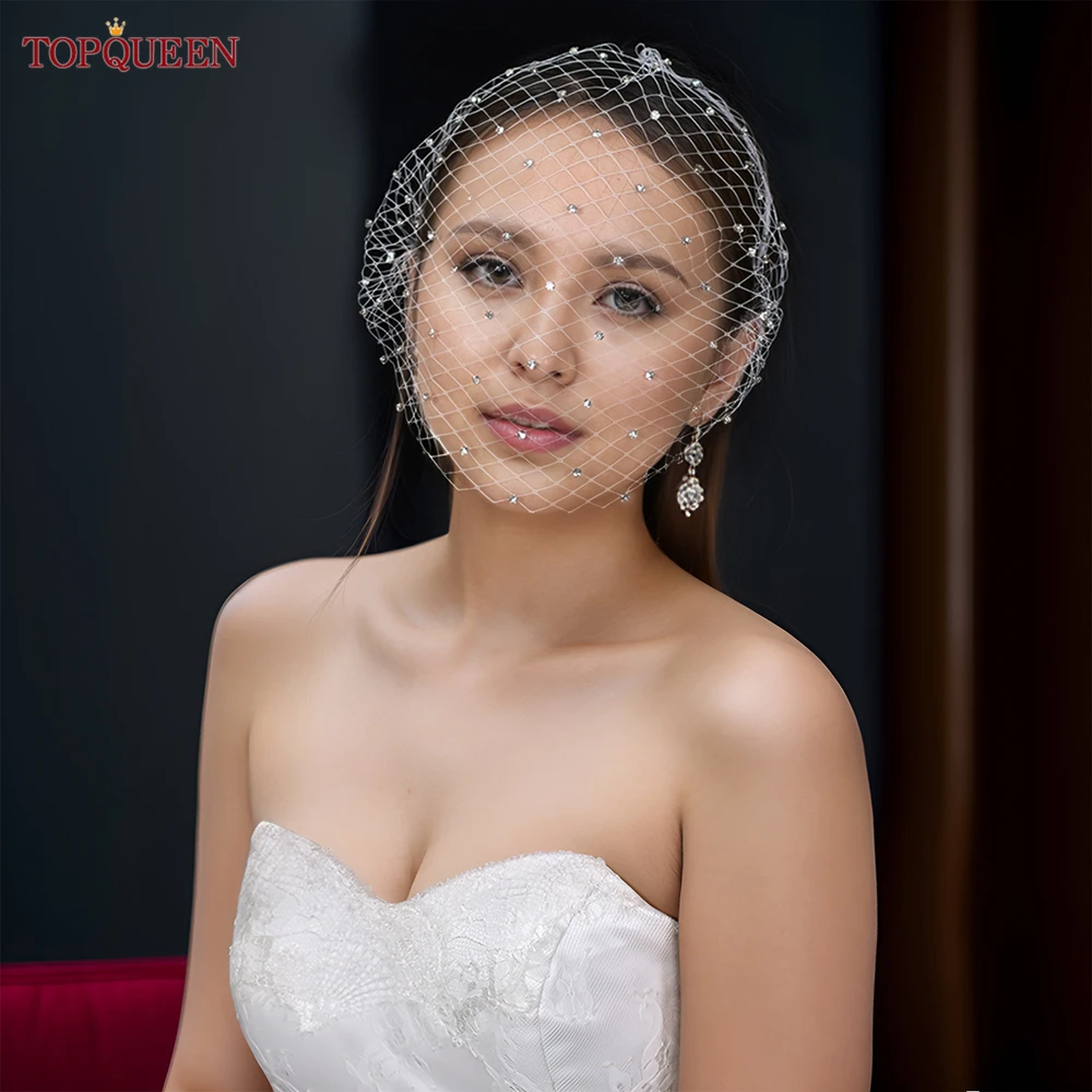 TOPQUEEN VA06 Birdcage Veil Russian Tulle Cage Veil Face with Diamond Bachelorette Party Accessories Handband Bridal Veils