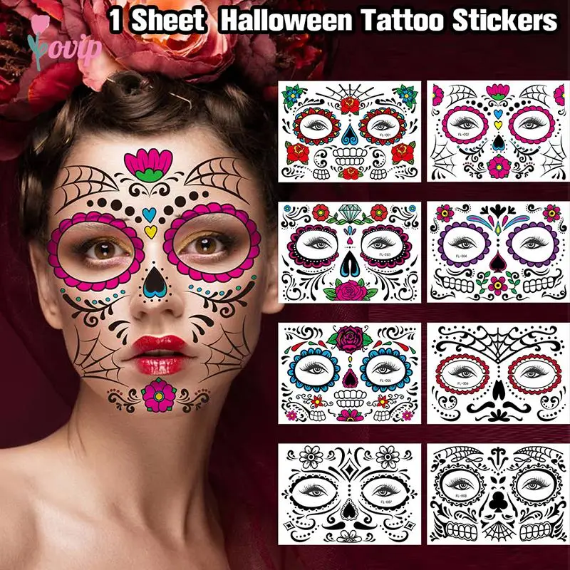 

New Halloween Funny Face Tattoo Stickers Creative Horror Temporary Makeup Dance Death Spirit Face Stickers