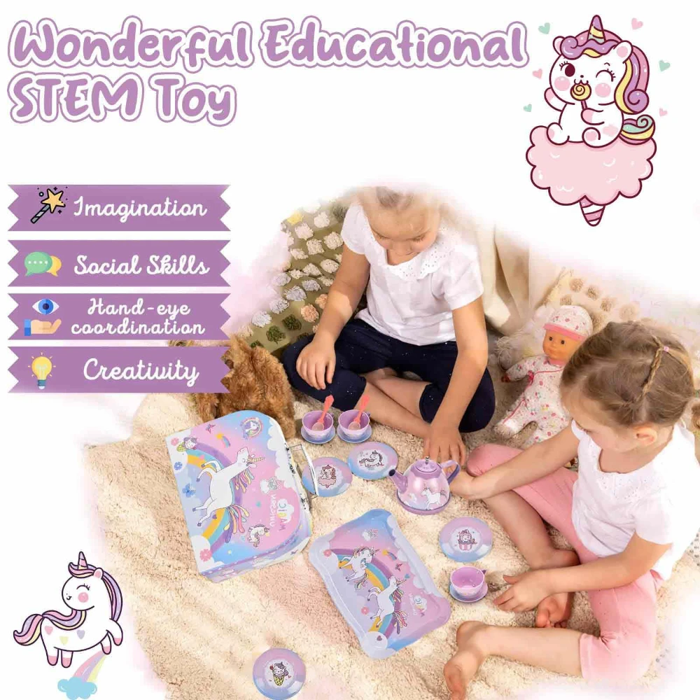 WizKidz Unicorn Tea Party Set for Little Girls Pretend Purple Tin Teapot Cups Plates Carrying Case Birthday Gift for Kids Age 3+ 5