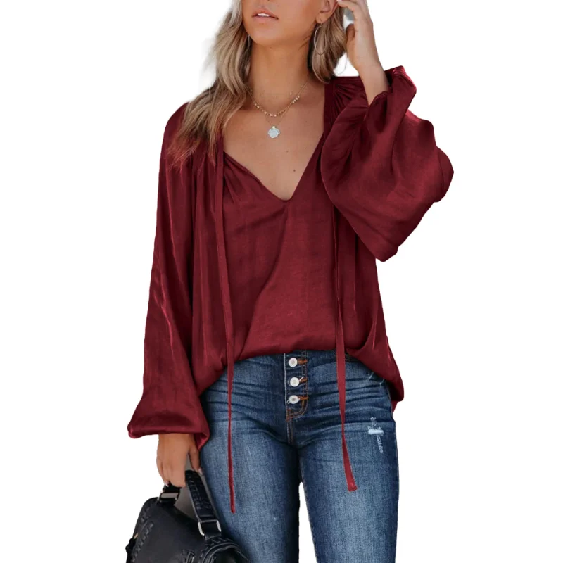 

Women's Spring and Autumn Fashion Solid Colour Lantern Long Sleeve V-neck Lace-up T-shirt Satin Silk Elegant Commuter Blouse
