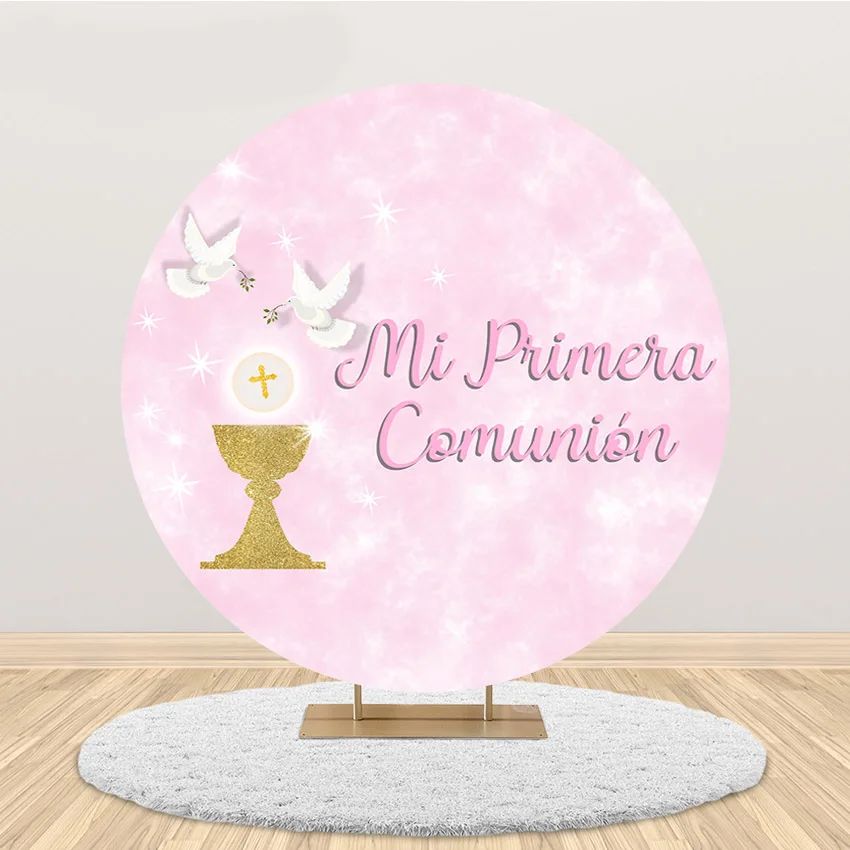 

Girl Mi Primera Comunión Round Backdrop Baptism Pink Pigeon Cross Decoration Photography Background Props Photo Studio Photocall