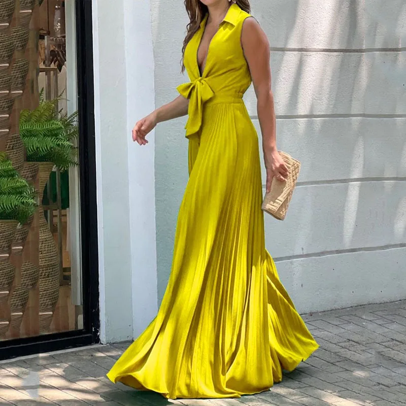 

Women Jumpsuit Summer Fashion V Neck Sleeveless Lapel Solid Pleated Lace Up Loose Wide Legs Romper High Streetwear