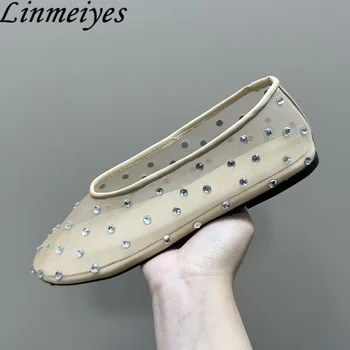 여성용 라운드 토 발레 플랫 슈즈, 정품 가죽 로퍼, 크리스탈 메쉬, 할로우 아웃, 여름 신발
