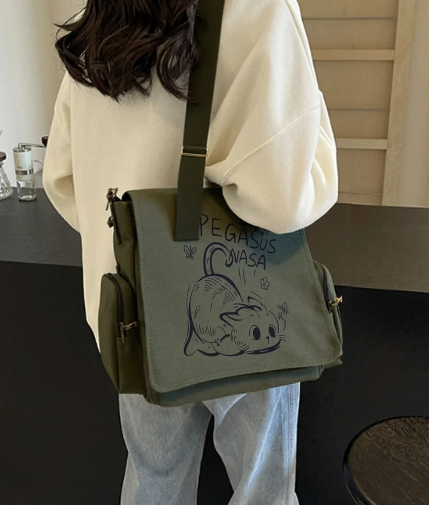 New Large Capacity Canvas Crossbody  Bag Cat Patterm Casual Shoulder Bag Message Bag For Women