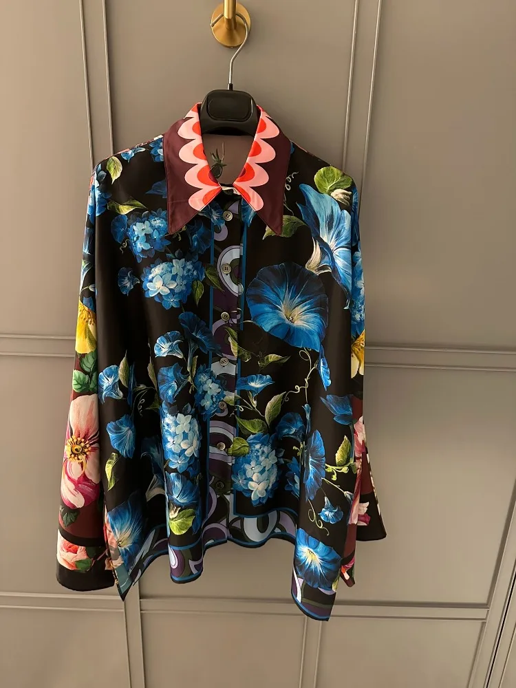 

High Quality Silk Blue Red Flowers Glory Print Long Sleeve Blouse Women Tops 2024 Spring Summer