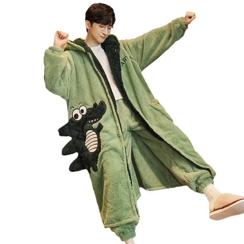 Winter Teen Nightgown Homewear Hoodie Set Coral Velvet Cartoon Flannel Thickened Fleece Cosy Thermal Pajamas for Men and Women men pyjamas,women pyjamas set