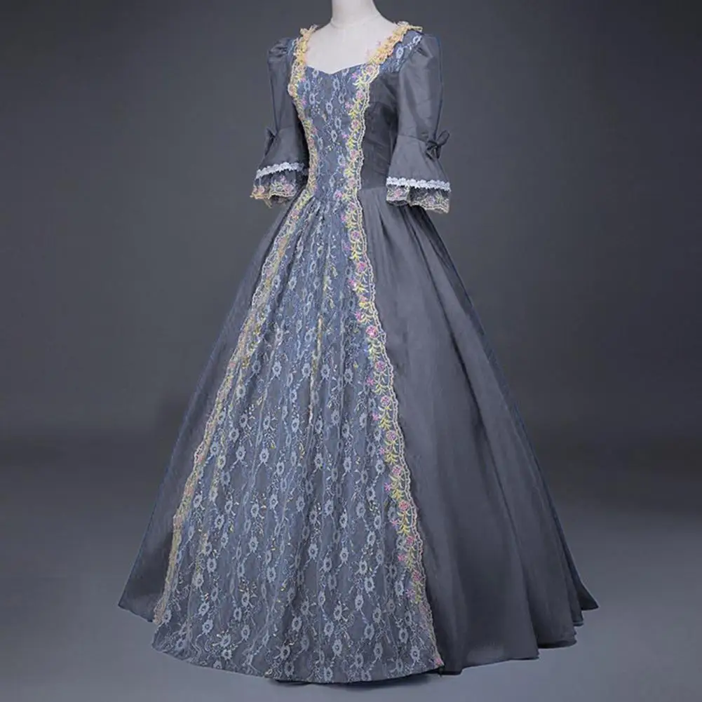 18th Century Medieval Dress Women Retro Royal Style Lace Bow Decor Bell Sleeve Hallowen Party Patchwork Satin Dresses