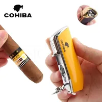 New COHIBA Lighter Metal 3 Jet Butane Torch Lighter Cigar Stamping Bar Sharp Lighter Cigar Knife Cigar Scissor For Gift（No Gas） 1