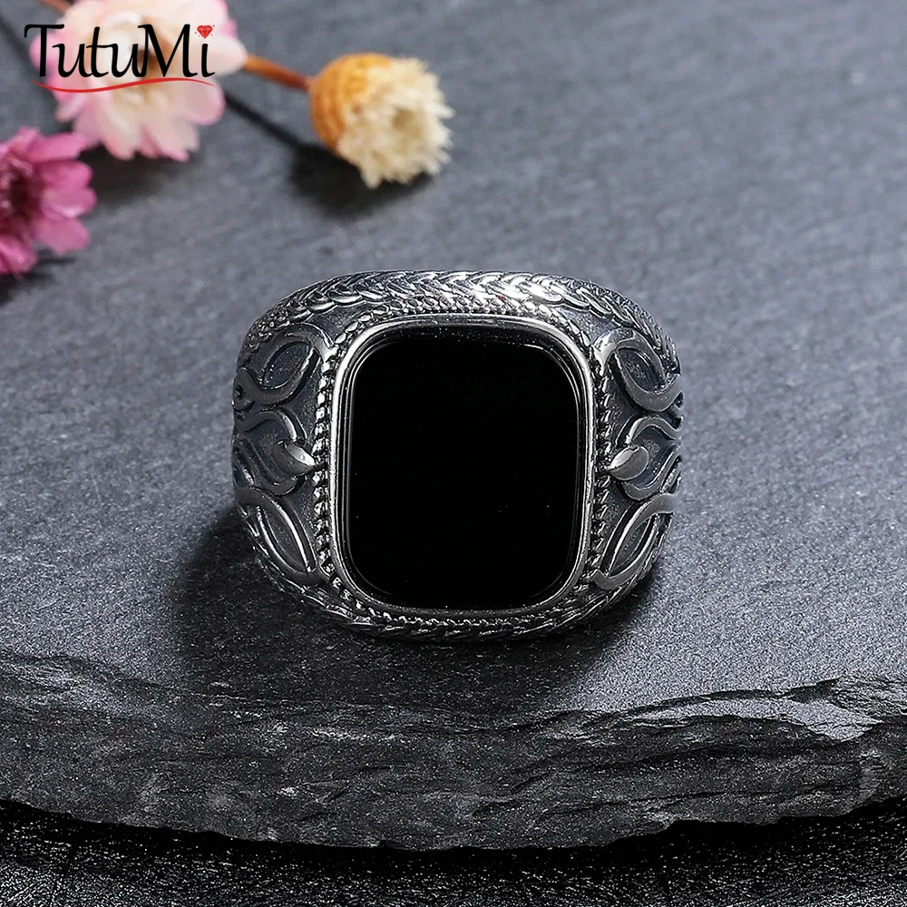 925 Sterling Silver Ring Natural Black Agate Vintage Ring For Man Women Party Gifts Silver Rings Silver Ring