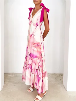 Elegant Floral Print Sleeveless V Neck Maxi Dress with Open Back and Spaghetti Straps for Women s Summer Fashion 3