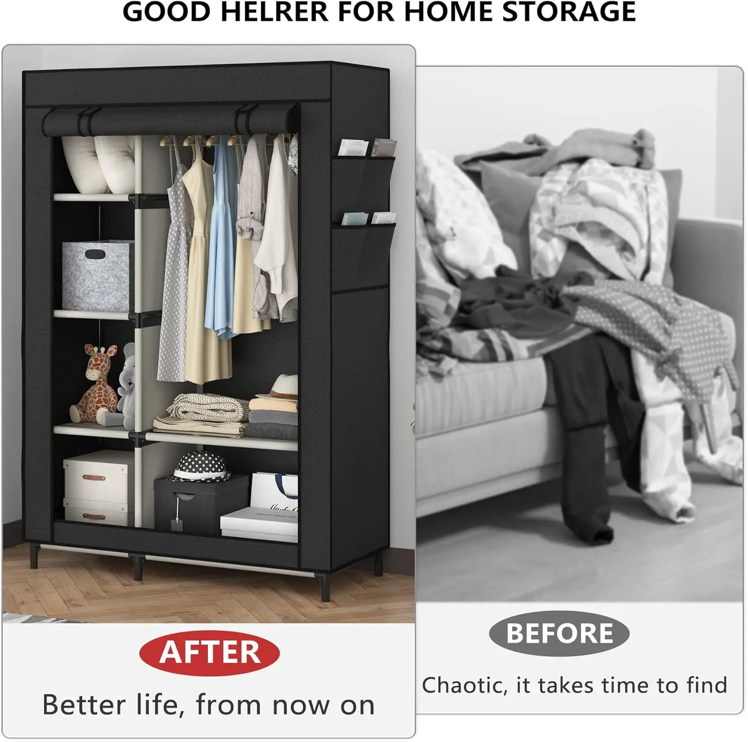 Wardrobe Portable Closet Wardrobe Clothes Storage with 6 Shelves and Hanging Rail,Non-Woven Fabric, Quick and Easy Assembly 4