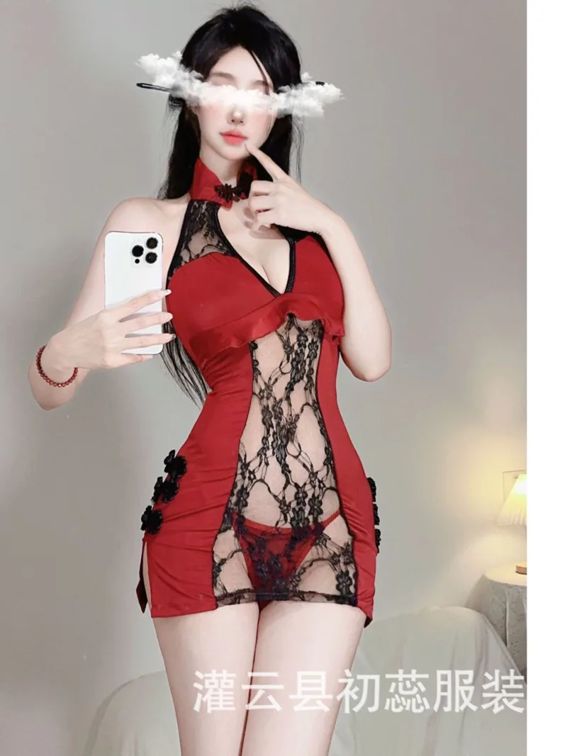 

New Style Charm Sheer Cheongsam Uniform Seductive Sexy Women's Neck Mounted Dress Deep V Hollow Out Hot Passion High Fork ESL5