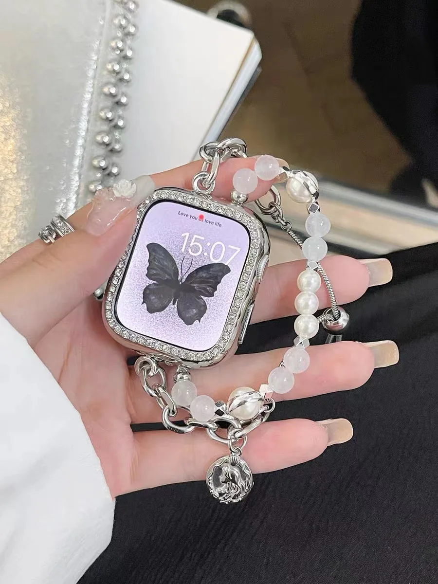 

Pearl Strap for Apple Watch 9 8 41/45mm Band SE 7 6 5 4 Ladies Metal Wristband for iWatch Correa Bracelet 40/44mm Ultra 38/42