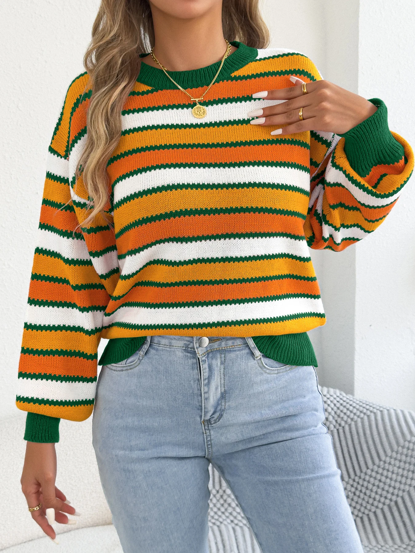 Women Autumn Winter Sweater Coffee Green Knitted Pullover