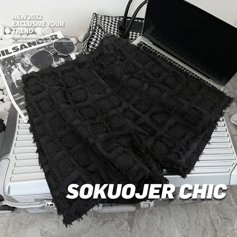 Plaid Tassel Raw Edge Casual Shorts for Women 2024 Summer New High Waist Wide Leg Pants Casual Loose  Women's Wear