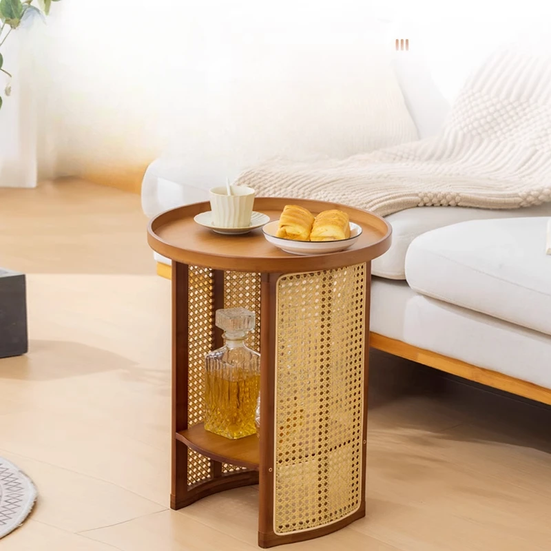 Side Desk Living Room Small Coffee Table Bedside Side Cabinet Creative Round Balcony Small Desk Japanese Rattan Table