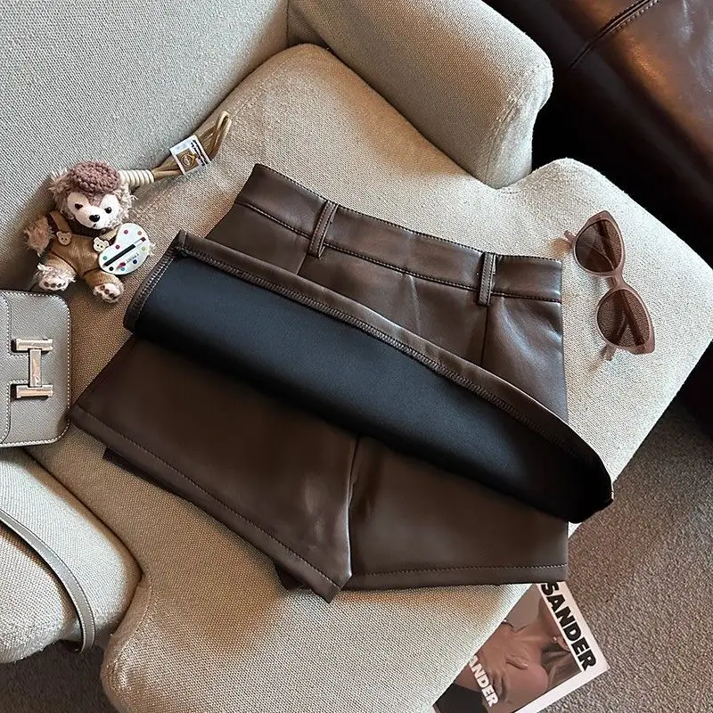 Vintage Braun PU Leder Röcke Weibliche Sexy Hot Mädchen Paket Hüfte Mini Rock Frauen Herbst Winter Hohe Taille Split Shorts Rock – Detail 7