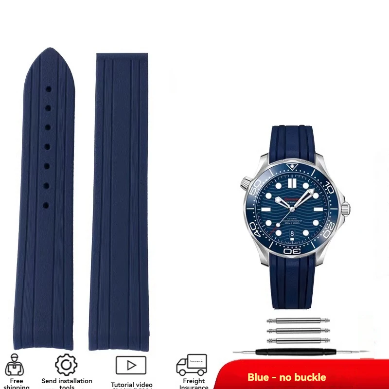 thumbnail image 1 of Correa de caucho fluorado FKM suave con extremo curvo de 20 mm para reloj de silicona Seiko, correa de reloj Omega Seamaster 300 AT150, negra y azul, 1 of 5