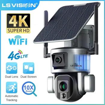 LS VISION 무선 태양 전지 카메라, 듀얼 렌즈, 태양 전지 패널 휴머노이드 추적 PTZ 보안 캠, 10X 광학 줌, 4K, 8MP, 4G, WIFI